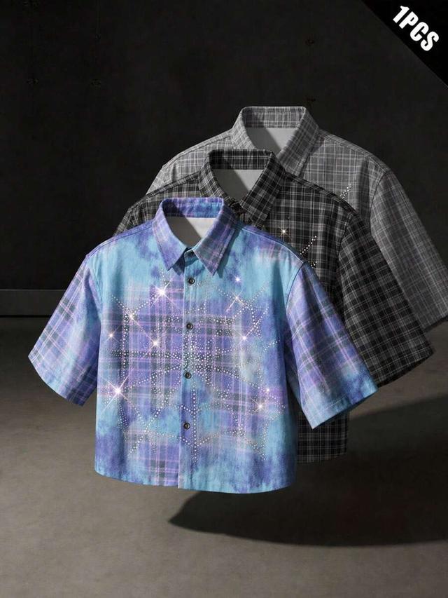 dark grey plaid rhinestone print short sleeve shirt