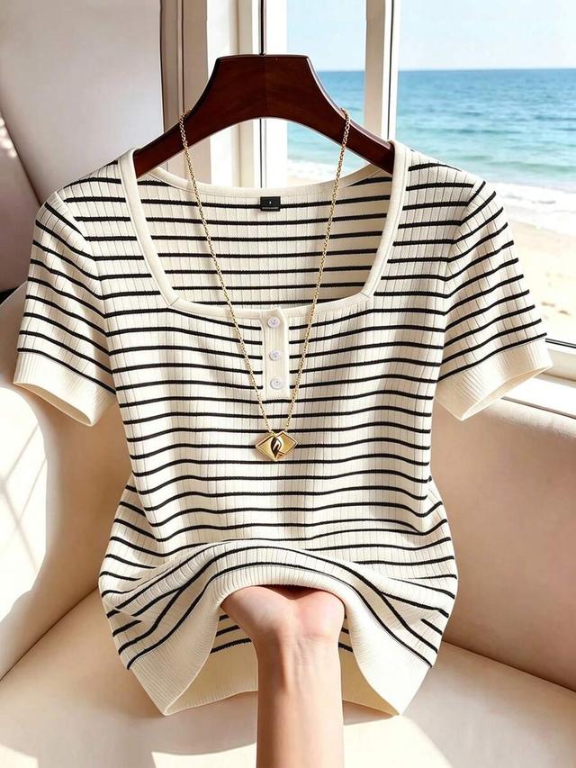 striped square neck short-sleeved knit top