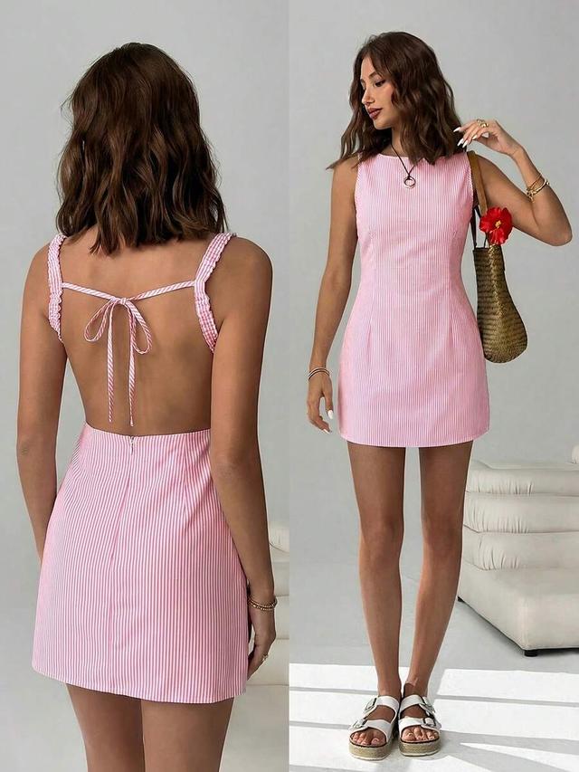 pink striped woven boat neck backless summer dress