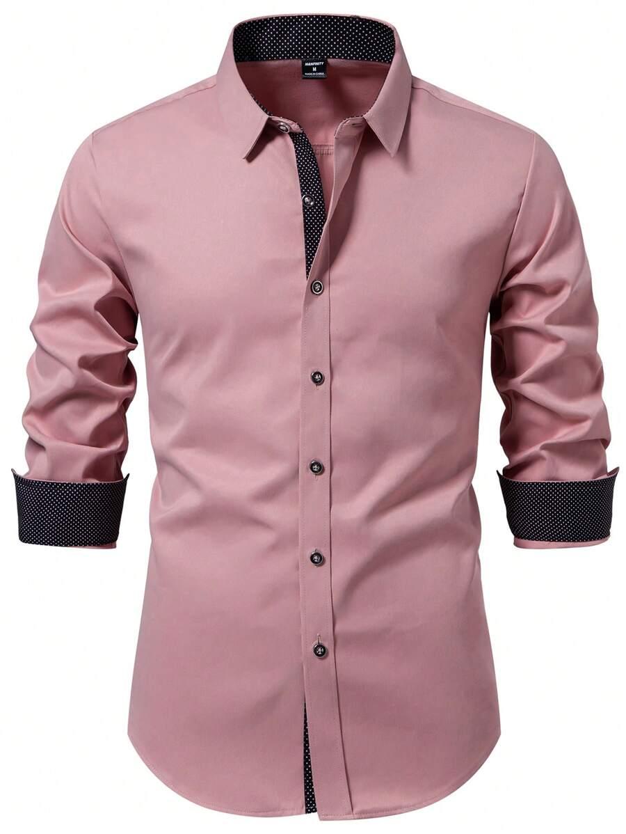 pink long sleeve polka dot patchwork formal shirt