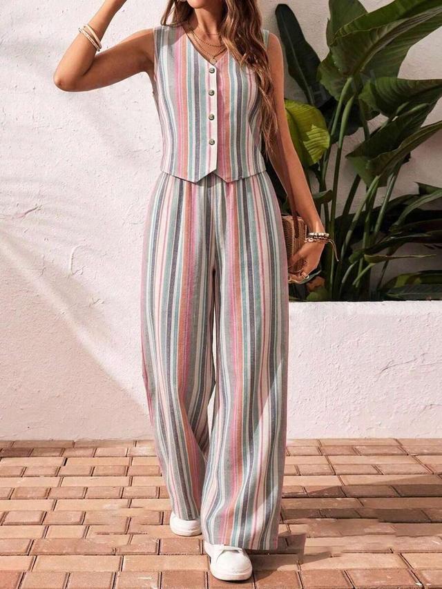 striped button-front vest and matching wide-leg trousers