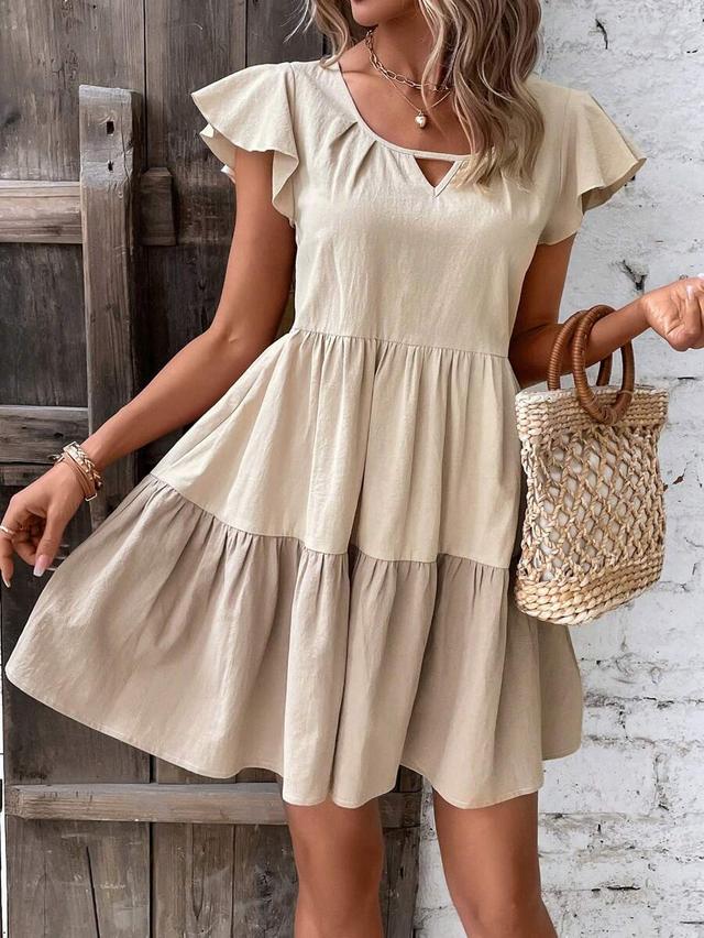 beige keyhole neckline ruffle hem smock dress