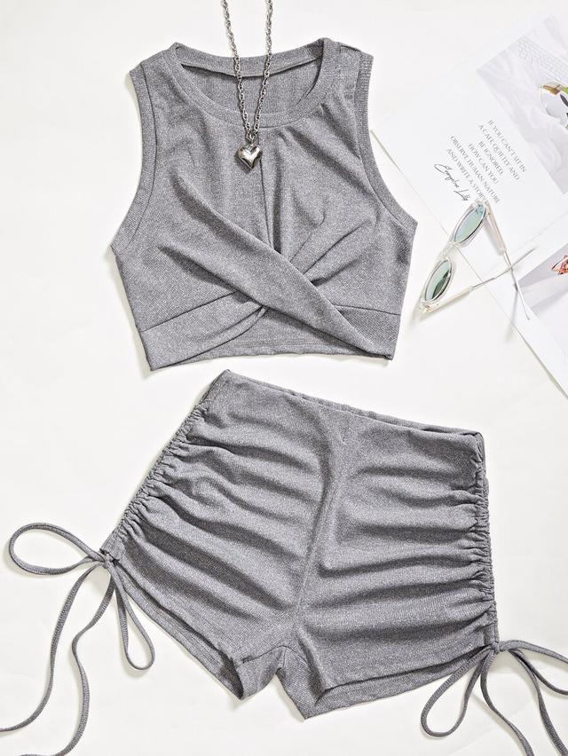 grey shimmer knit drawstring shorts