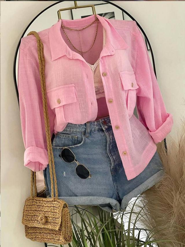 franclia women's solid pink long sleeve linen shirt