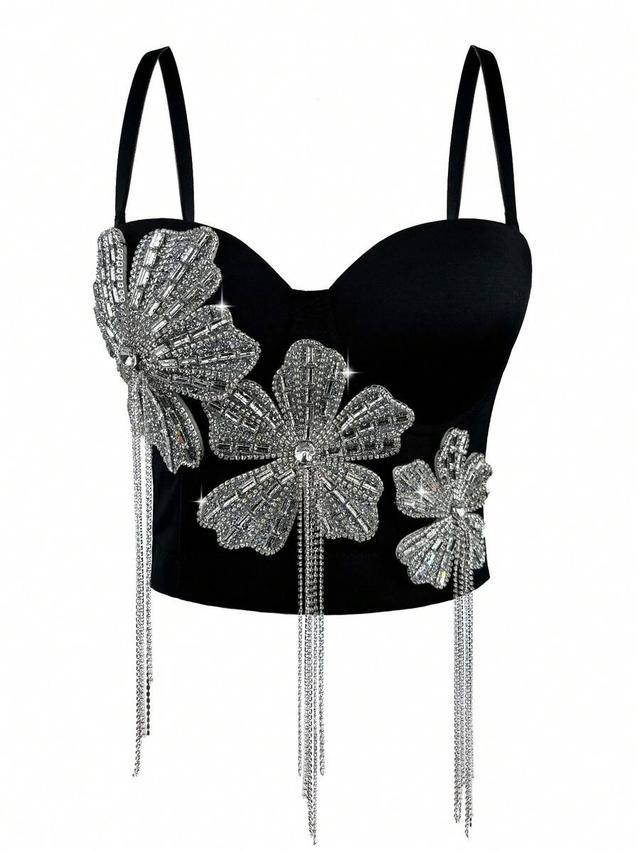 black diamond studded shiny floral corset top