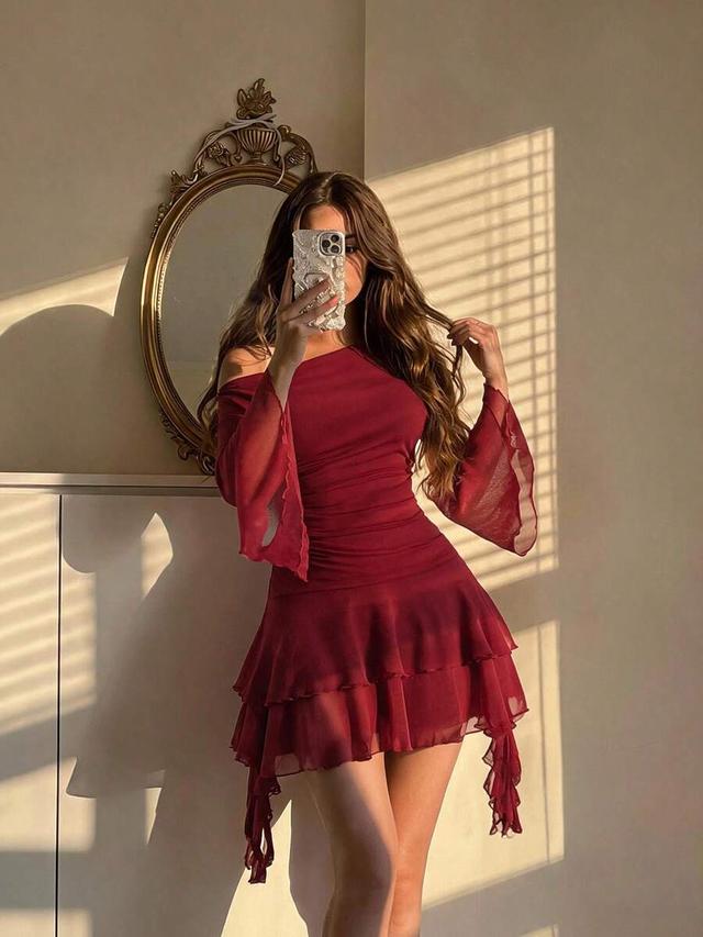 burgundy off-shoulder ruffled chiffon mini dress
