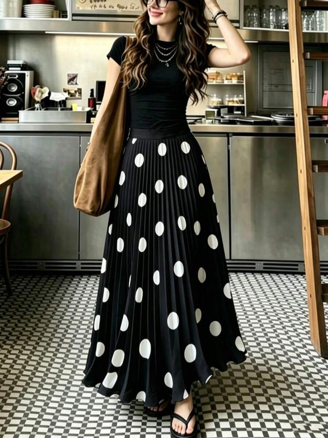 women's high-waisted pleated polka dot long skirt