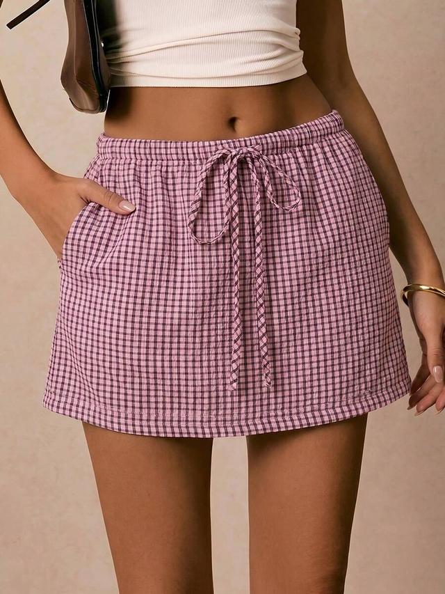 poéselle women's pink plaid drawstring casual shorts