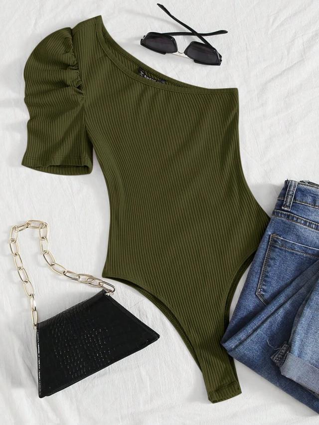 olive green one shoulder puff sleeve ribbed bodysuit
