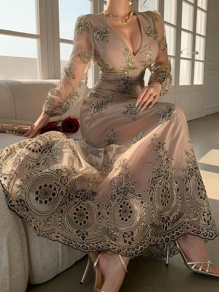 v-neck long sleeve waist cinched mesh embroidered dress