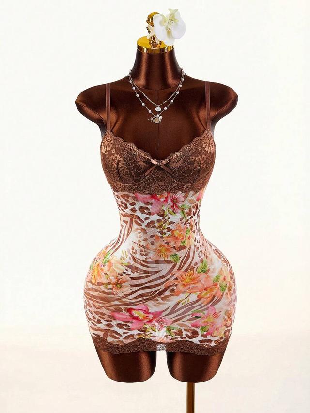 floral tropical mesh bodycon mini dress with lace cup