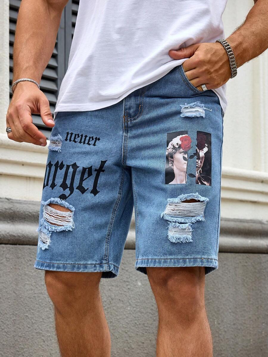 distressed denim shorts with graphic print