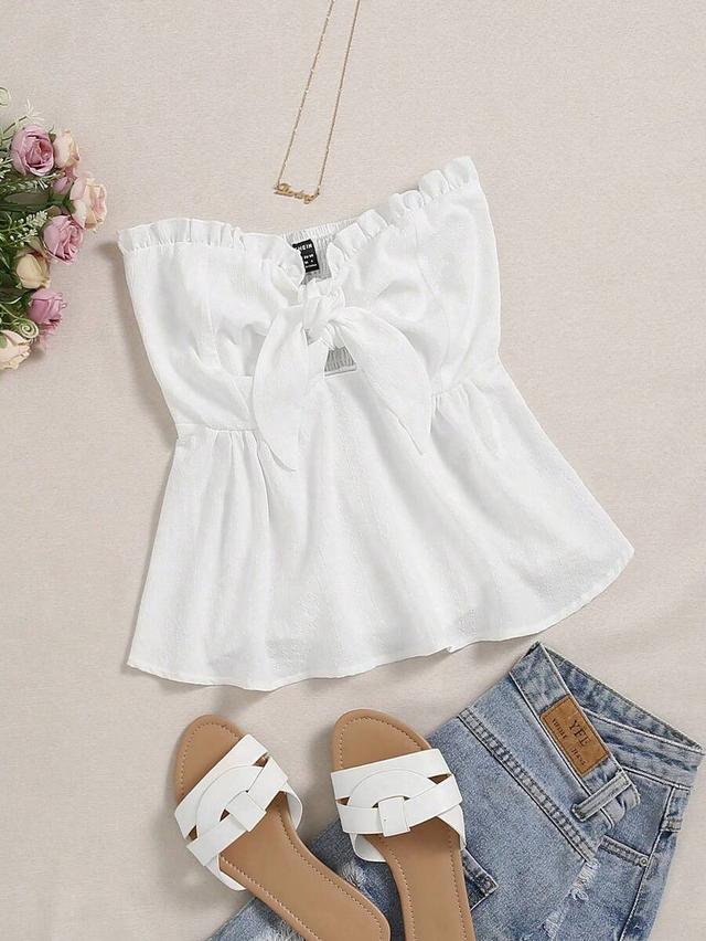 solid white pleated bandeau top with tie front