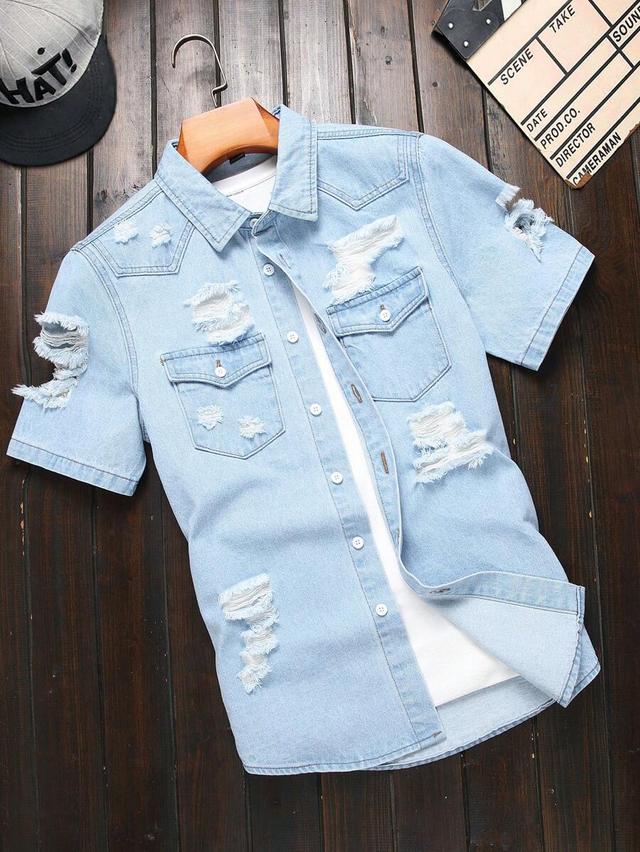 light wash distressed short sleeve denim shirt