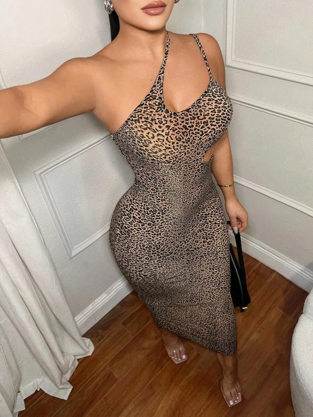 leopard print hollow-out bodycon midi dress
