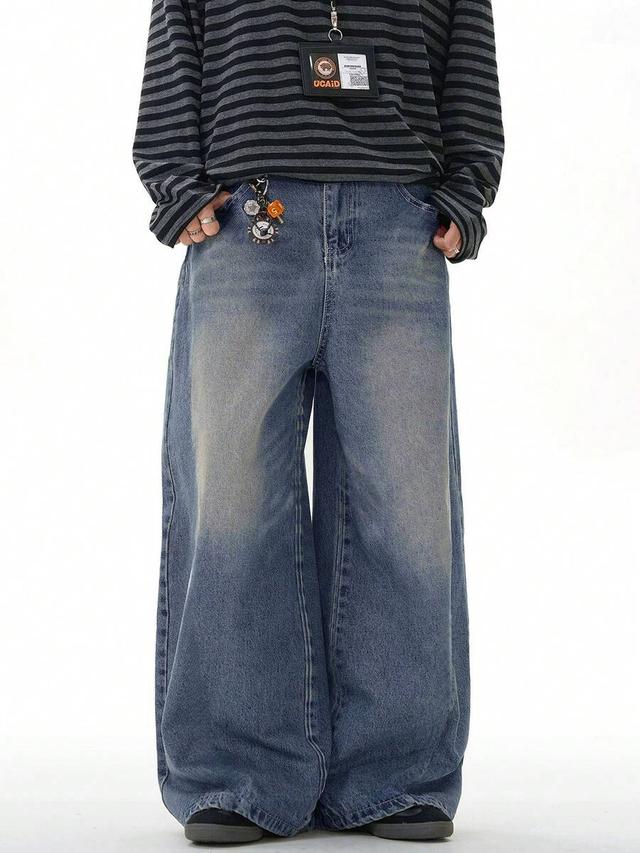 vintage washed loose fit wide leg distressed jeans