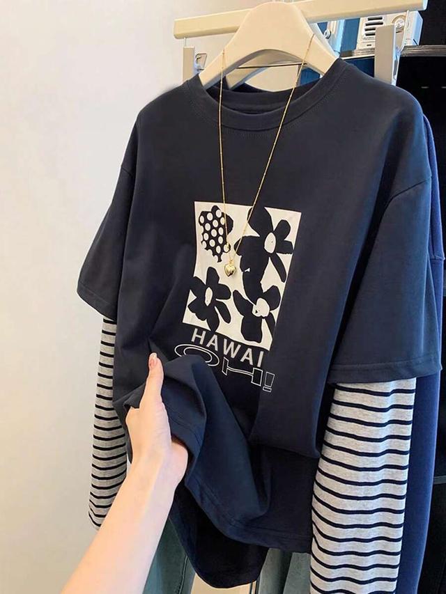 casual floral print and striped patchwork t-shirt