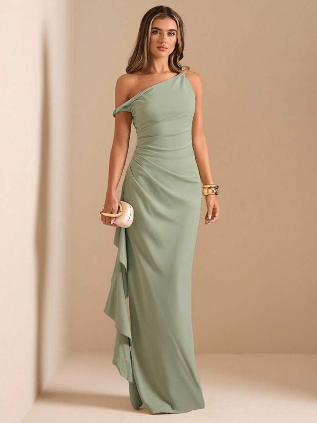 sage green one-shoulder draped midi dress