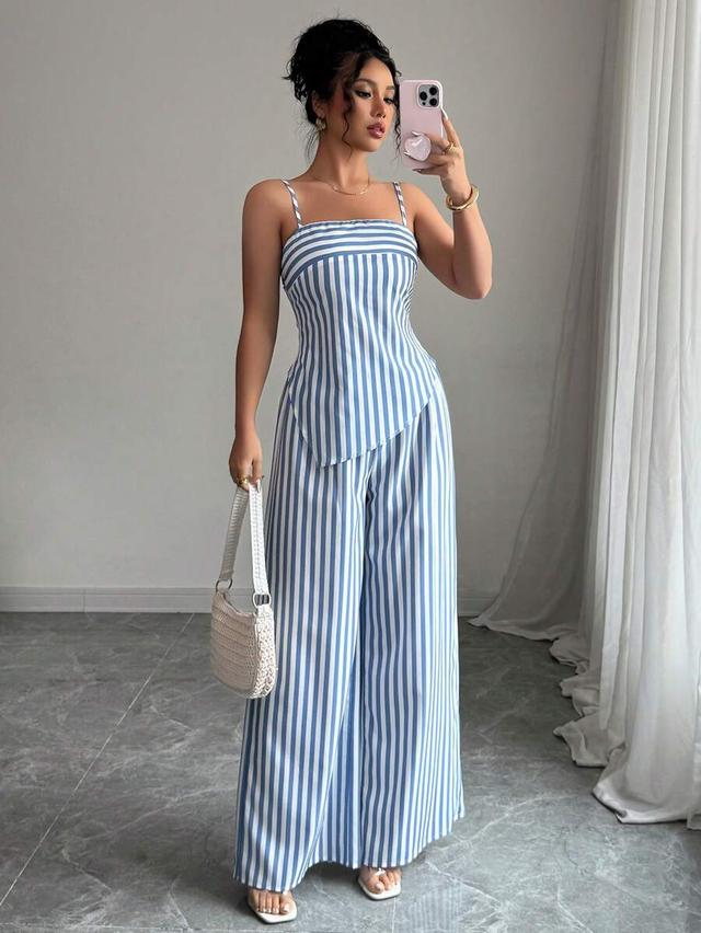 blue and white striped two piece set