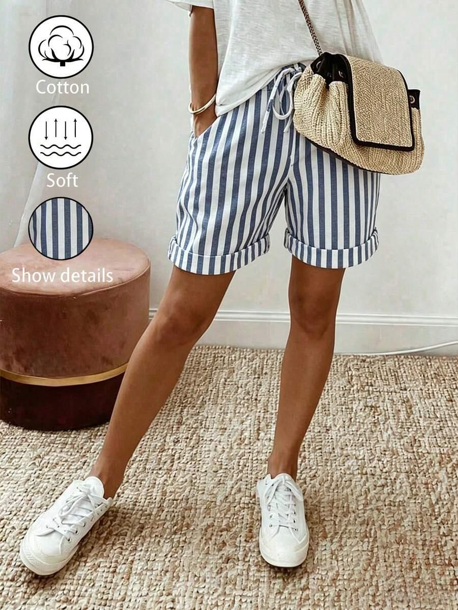 blue and white striped linen blend casual shorts