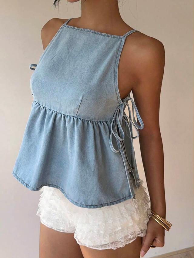 siren gaze solid color tie-front denim sleeveless blouse