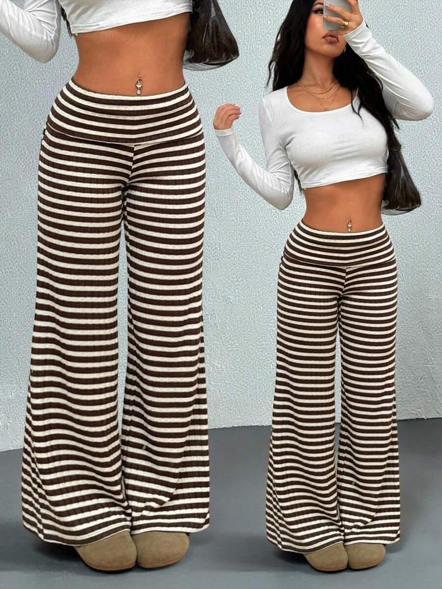 brown and white striped ribbed knit wide leg pants