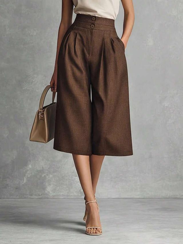 elegant brown high-waisted pleated wide-leg capri trousers