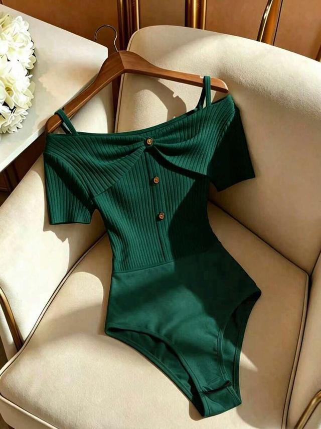 gloweve solid color fitted button decorated elegant bodysuit