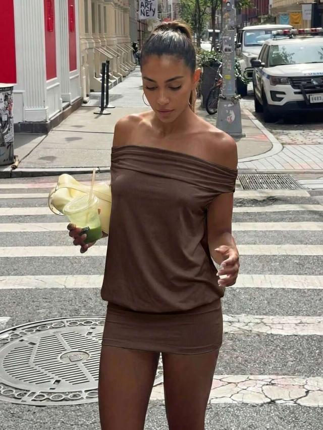 brown off-shoulder knit short dress