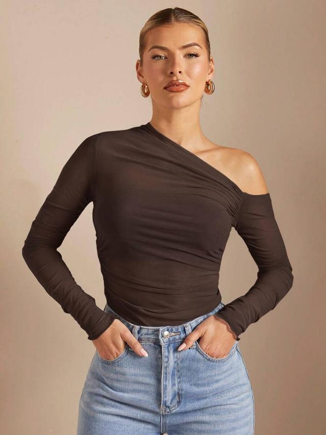 brown oblique shoulder rouched bodycon long sleeve top