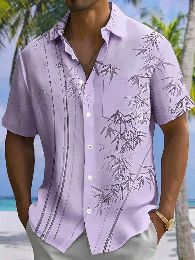 vintage bamboo leaf print men's loose short sleeve shirt