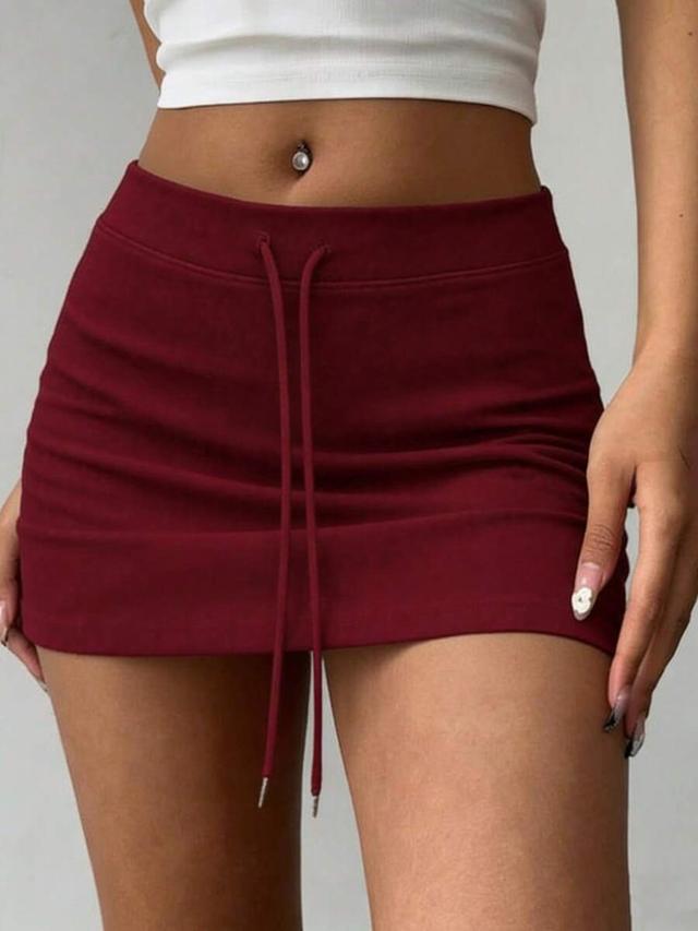 inawly solid color drawstring waist casual mini skirt