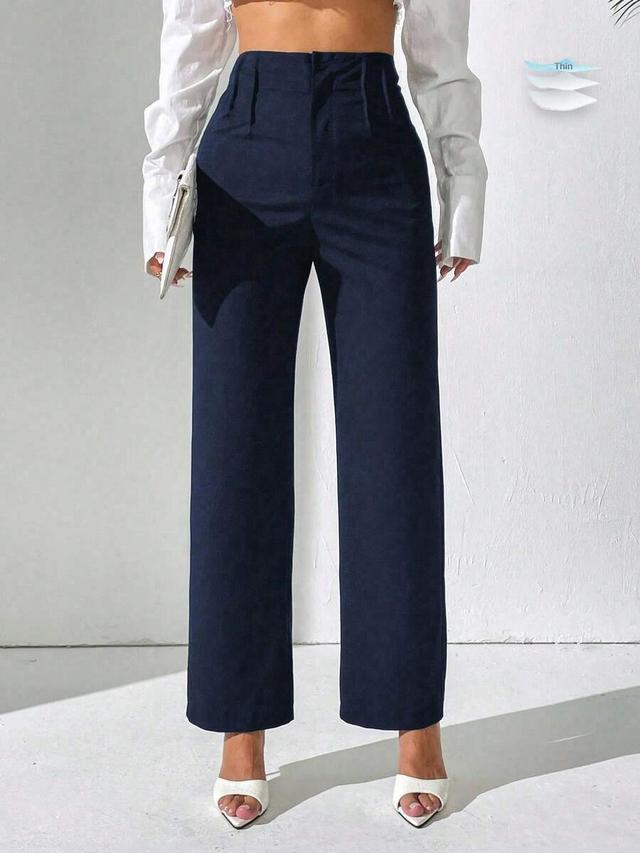 solid navy blue high-waisted straight-leg trousers