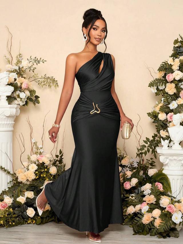 black one-shoulder draped midi dress with gold hardware