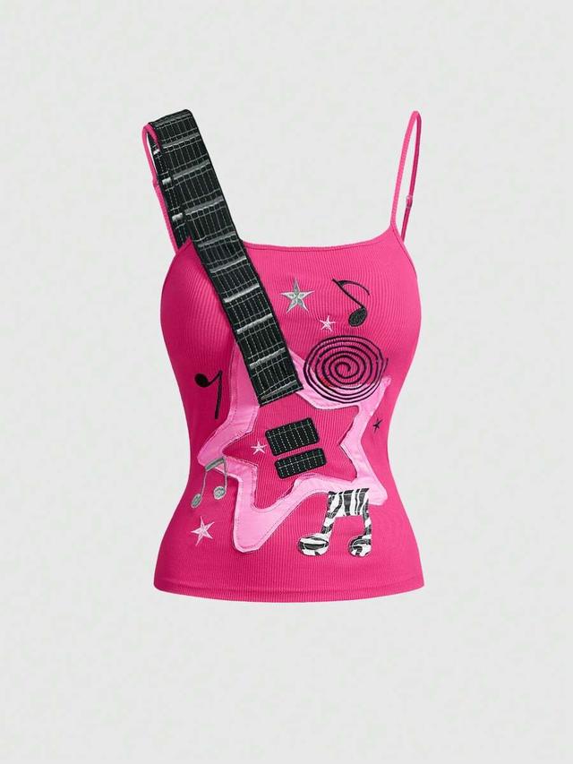 pink ribbed camisole with musical note applique