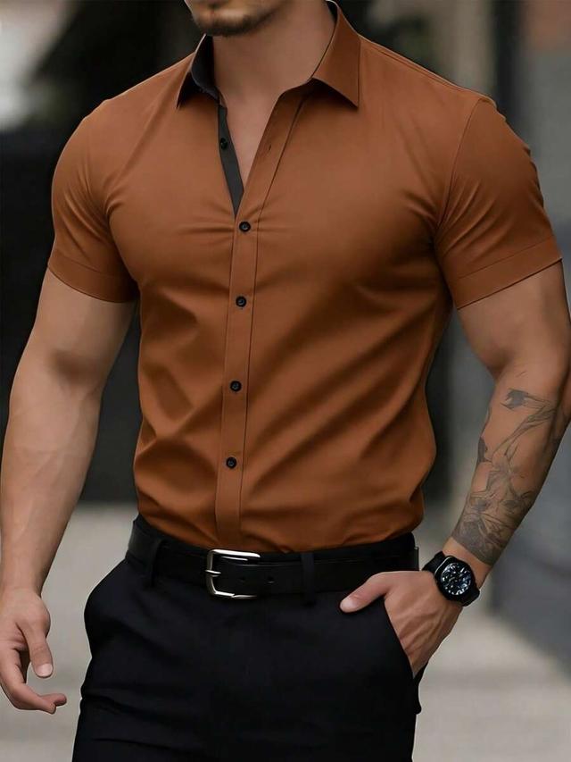brown short sleeve button down dress shirt