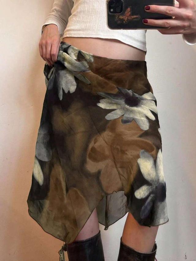 y2k style floral print mesh asymmetric midi skirt