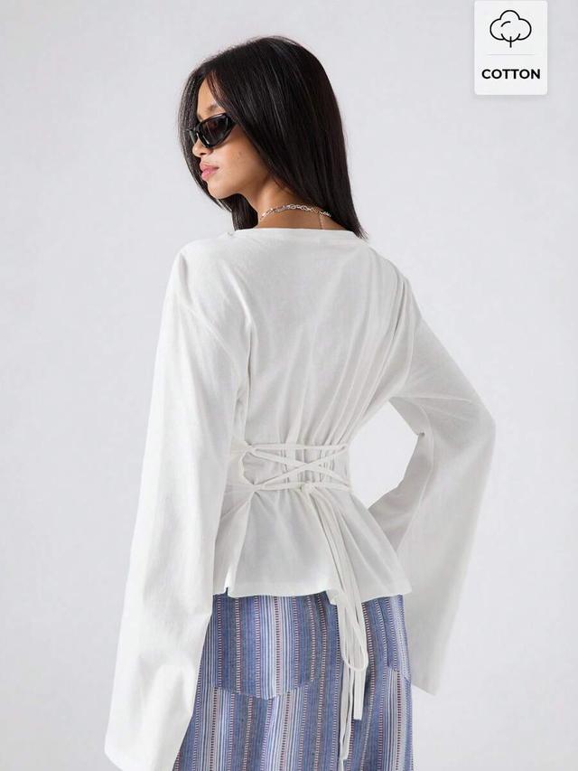 white long sleeve tie waist cinched blouse
