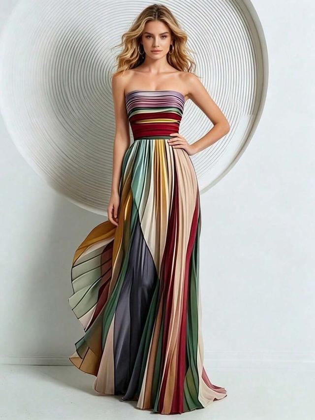 multicolor pleated strapless silk maxi dress