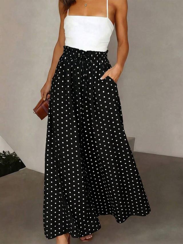 polka dot high-waisted drawstring wide-leg chiffon pants