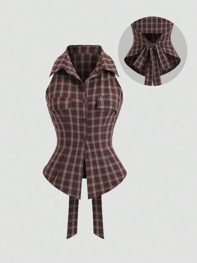 vintage plaid bowknot fitted sleeveless blouse