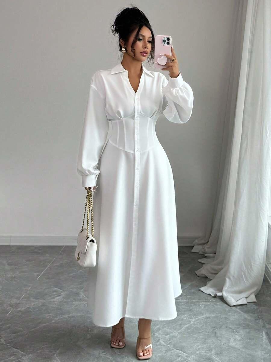 white waist-defining shirt collar long dress
