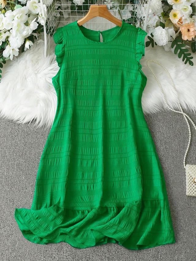 green solid color short flutter sleeve smocked dress