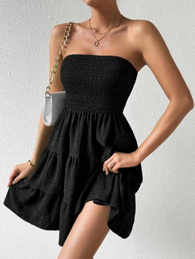 black strapless smocked bodice tiered mini dress
