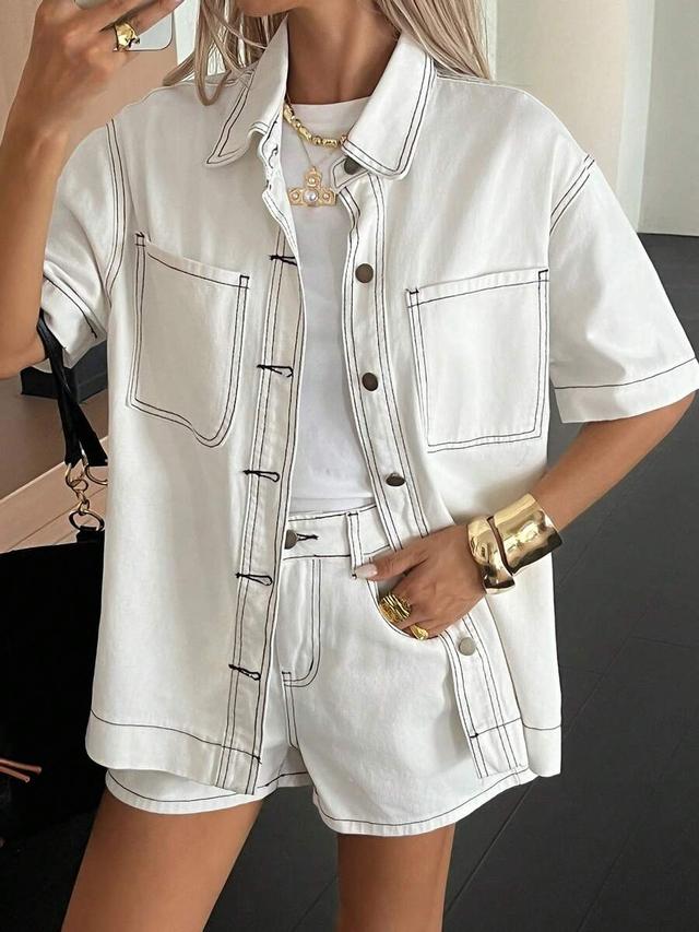 white denim shirt and shorts set with contrast stitching