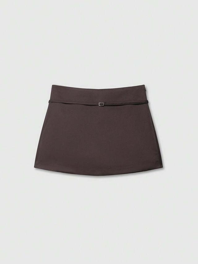women's solid brown zipper waist belt skorts