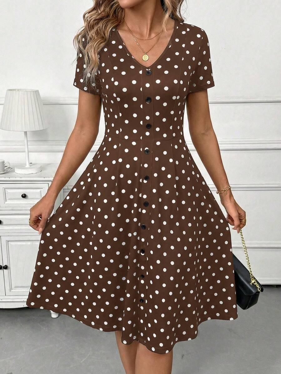 brown polka dot button front short sleeve dress