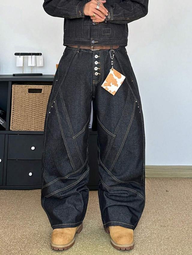 men's black baggy graphic design straight leg jeans