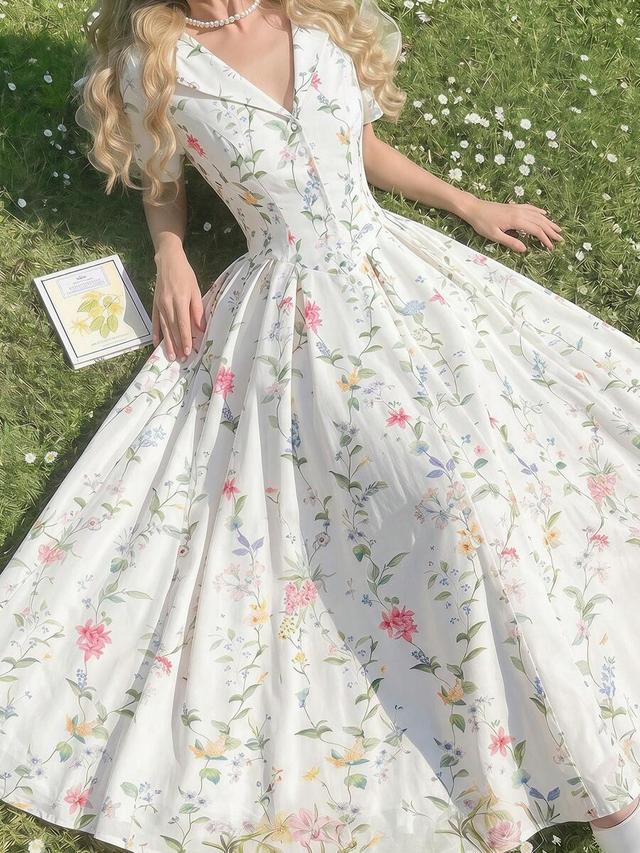 romantic cottage floral pleated midi dress with collar
