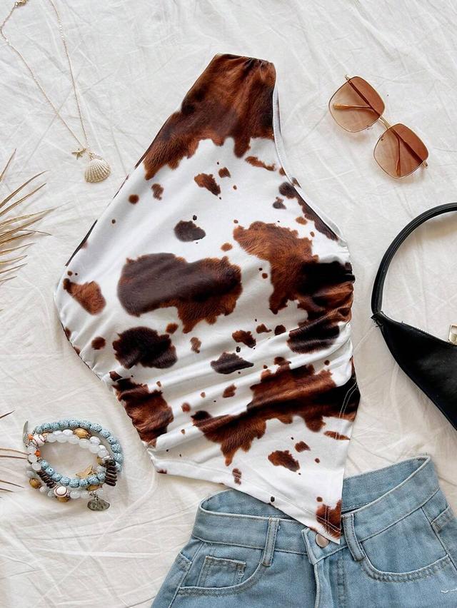 asymmetrical cow print one shoulder summer blouse